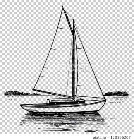Detailed sketch of sailboat with tall sails gliding on calm water, reflecting serene and peaceful atmosphere. monochrome drawing captures elegance of vessel Detailed sketch of sailboat with tall sails gliding on calm water, reflecting serene and peaceful atmosphere. monochrome drawing captures elegance of vessel 128536207