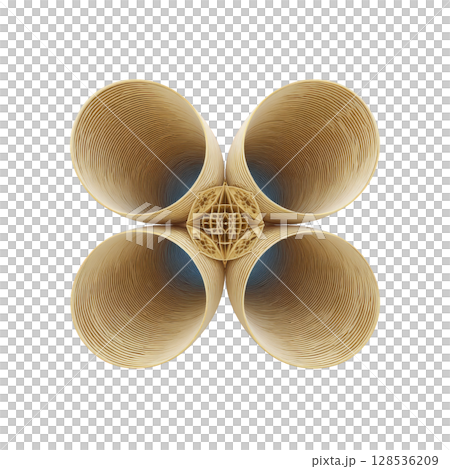 Symmetrical abstract design features four circular, tunnel like structures converging center, creating visually intriguing pattern. image is set against transparency background, enhancing 128536209