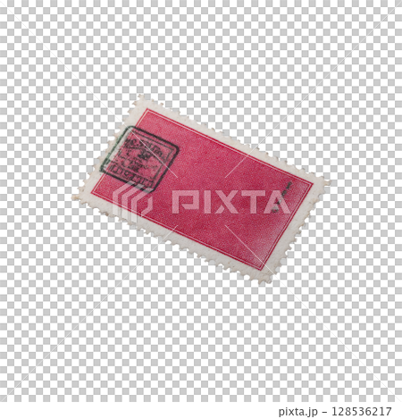 Vintage red postage stamp with black cancellation mark is displayed against transparency background, showcasing its perforated edges and classic design Vintage red postage stamp with black cancellation mark is displayed against transparency background, showcasing its perforated edges and classic design 128536217