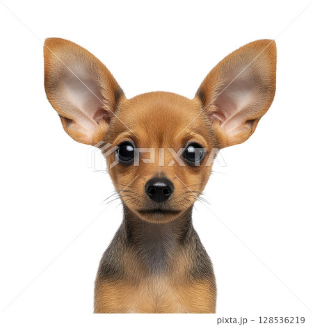 Cute Chihuahua puppy with large ears and expressive eyes stares directly at viewer, showcasing its small size and adorable features. background is plain, highlighting puppy 128536219