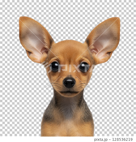 Cute Chihuahua puppy with large ears and expressive eyes stares directly at viewer, showcasing its small size and adorable features. background is plain, highlighting puppy 128536219