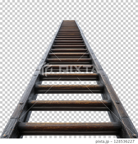 Wooden ladder extends upwards into transparency background, symbolizing ambition and progress. perspective creates sense of infinity and aspiration Wooden ladder extends upwards into transparency background, symbolizing ambition and progress. perspective creates sense of infinity and aspiration 128536227