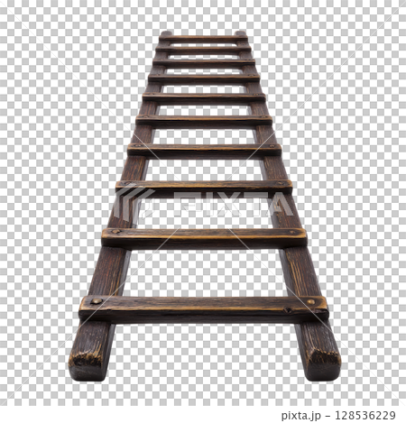 Rustic wooden ladder with weathered appearance is shown against transparency background, emphasizing its sturdy construction and vintage charm Rustic wooden ladder with weathered appearance is shown against transparency background, emphasizing its sturdy construction and vintage charm 128536229