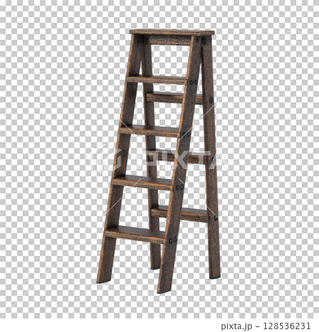 Rustic wooden ladder with dark finish stands upright, showcasing its sturdy design and multiple steps. Ideal for home decor or practical use, it exudes vintage charm 128536231