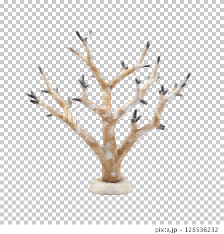 Decorative, leafless tree branch sculpture with natural wood texture and frosted tips, standing on round base, evokes wintery, minimalist aesthetic 128536232