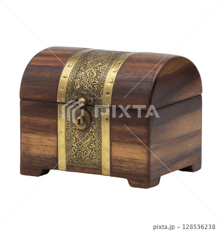 Small wooden treasure chest with ornate brass detailing and curved lid, perfect for storing keepsakes or jewelry. craftsmanship evokes sense of mystery and elegance 128536238