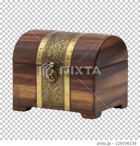 Small wooden treasure chest with ornate brass detailing and curved lid, perfect for storing keepsakes or jewelry. craftsmanship evokes sense of mystery and elegance 128536238