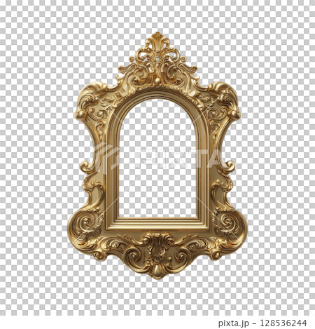 Ornate, vintage style gold picture frame with intricate baroque detailing and empty center, perfect for classic art displays 128536244