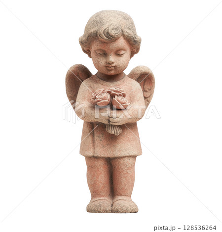 Serene angel statue with wings holds bouquet of flowers, symbolizing peace and innocence. sculpture is crafted from stone, showcasing intricate details and gentle expression 128536264