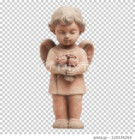 Serene angel statue with wings holds bouquet of flowers, symbolizing peace and innocence. sculpture is crafted from stone, showcasing intricate details and gentle expression 128536264