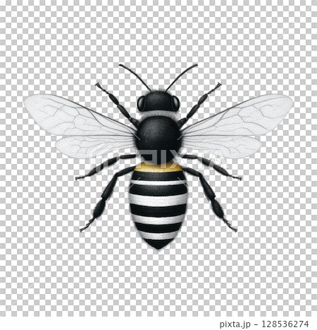 Detailed illustration of bee with transparent wings and striped black and white body, showcasing its intricate anatomy. bee is depicted in realistic style against plain background 128536274
