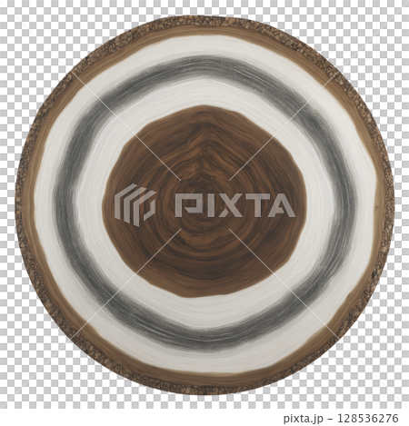 This shows cross section of tree trunk with visible growth rings, showcasing natural texture and pattern of wood. concentric circles vary color from dark brown to lighter shades, indicating 128536276