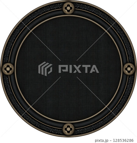 Round, ornate shield with dark surface and decorative metal accents featuring floral motifs at four points. design is intricate, suggesting historical or fantasy theme 128536286