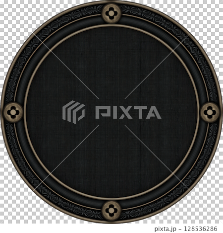 Round, ornate shield with dark surface and decorative metal accents featuring floral motifs at four points. design is intricate, suggesting historical or fantasy theme 128536286
