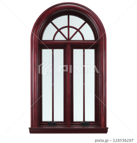 Elegant arched window with rich wooden frame and clear glass panes, featuring classic design. window deep red brown color adds touch of sophistication and warmth 128536287