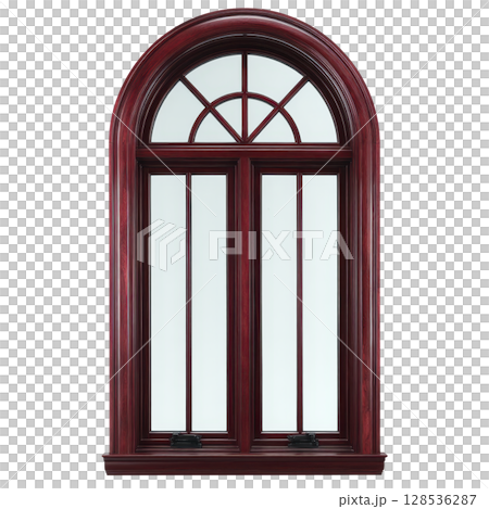 Elegant arched window with rich wooden frame and clear glass panes, featuring classic design. window deep red brown color adds touch of sophistication and warmth 128536287