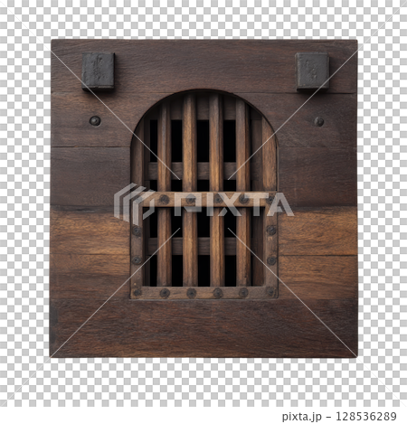 Rustic wooden door with arched barred window, featuring dark metal accents and weathered finish, evokes sense of history and mystery 128536289