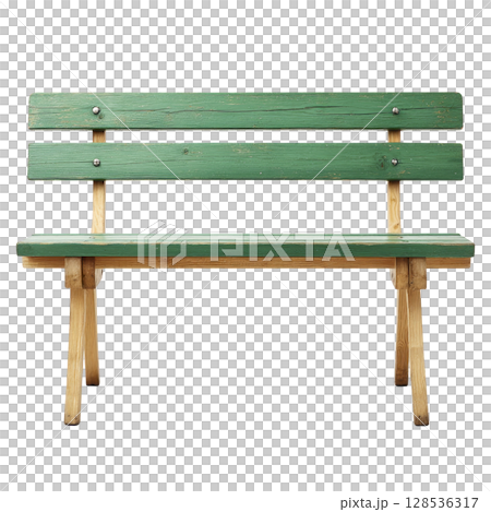 Simple wooden bench with green painted backrest and seat, featuring natural wood frame, stands isolated on transparency background. bench exudes rustic charm, ideal for outdoor settings 128536317