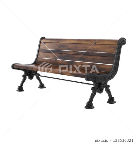 Classic wooden park bench with ornate metal legs and armrests, showcasing vintage design. bench features smooth, polished wooden slats and intricate metalwork, ideal for outdoor settings 128536321