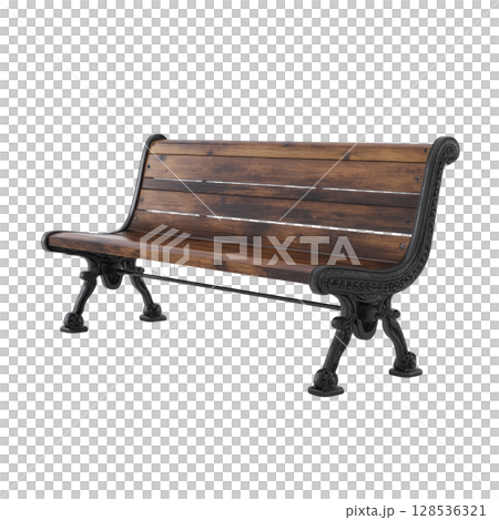 Classic wooden park bench with ornate metal legs and armrests, showcasing vintage design. bench features smooth, polished wooden slats and intricate metalwork, ideal for outdoor settings 128536321