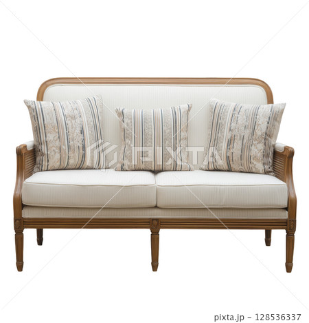 Elegant wooden sofa with striped and floral cushions, perfect for cozy living room setting. classic design and neutral tones add touch of sophistication and comfort 128536337