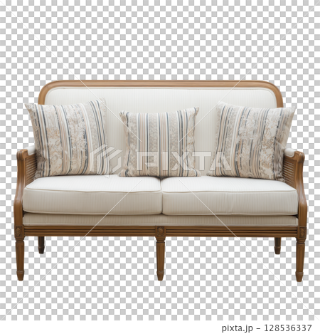 Elegant wooden sofa with striped and floral cushions, perfect for cozy living room setting. classic design and neutral tones add touch of sophistication and comfort 128536337