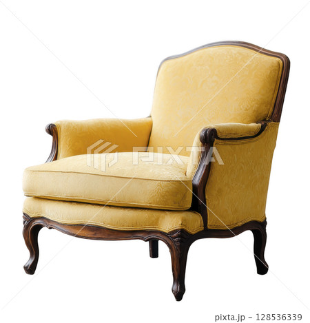 Classic yellow armchair with ornate wooden frame and plush upholstery, exuding elegance and comfort, perfect for vintage inspired living room Classic yellow armchair with ornate wooden frame and plush upholstery, exuding elegance and comfort, perfect for vintage inspired living room 128536339