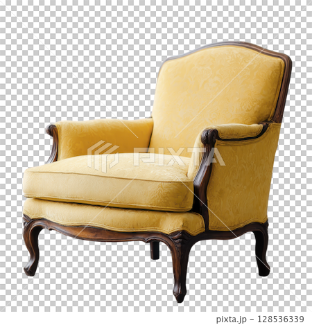 Classic yellow armchair with ornate wooden frame and plush upholstery, exuding elegance and comfort, perfect for vintage inspired living room 128536339