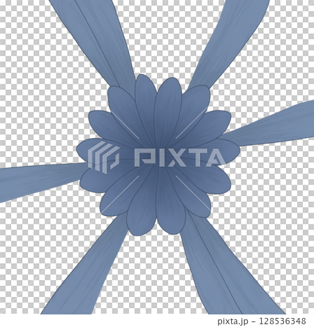 Digital illustration of blue abstract flower with layered petals radiating from center, set against transparency background. design is symmetrical and artistic 128536348
