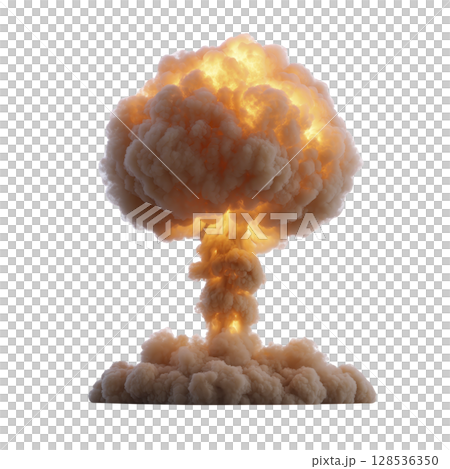 Powerful explosion creates massive mushroom cloud of smoke and fire, symbolizing destruction and chaos. fiery blast rises dramatically against clear background 128536350
