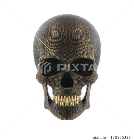 Digitally rendered skull with textured surface and gold teeth, set against plain background, creates striking and edgy visual Digitally rendered skull with textured surface and gold teeth, set against plain background, creates striking and edgy visual 128536358