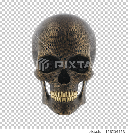 Digitally rendered skull with textured surface and gold teeth, set against plain background, creates striking and edgy visual Digitally rendered skull with textured surface and gold teeth, set against plain background, creates striking and edgy visual 128536358