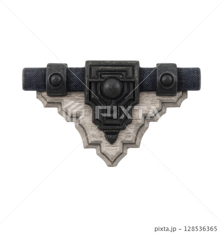 Ornate, vintage style metal latch with intricate geometric patterns and rustic finish, designed for decorative purposes on furniture or doors 128536365