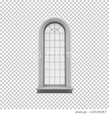 Elegant arched window with grid pattern and decorative frame, perfect for classic architectural designs. window design adds touch of sophistication and charm Elegant arched window with grid pattern and decorative frame, perfect for classic architectural designs. window design adds touch of sophistication and charm 128536367