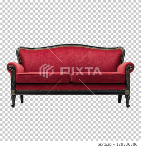 Luxurious red velvet sofa with elegant wooden legs and intricate detailing, perfect for adding touch of sophistication to any living room or lounge area 128536386