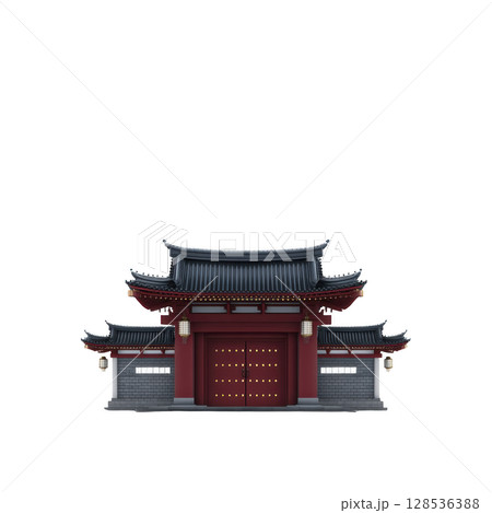 Traditional Asian temple gate with intricate architectural details and red and gray color scheme, showcasing cultural heritage and historical design elements 128536388