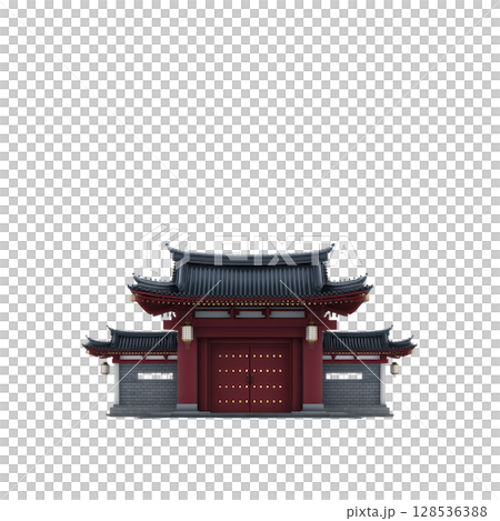 Traditional Asian temple gate with intricate architectural details and red and gray color scheme, showcasing cultural heritage and historical design elements 128536388