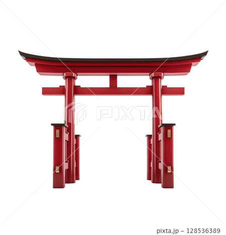 Traditional red torii gate stands prominently, symbolizing entrance to sacred space in Japanese culture. Its vibrant color and elegant design evoke sense of tranquility and reverence 128536389