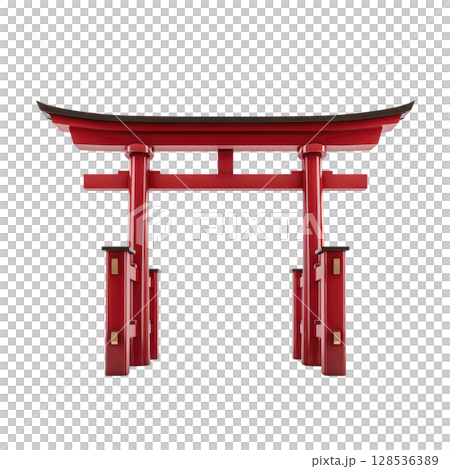Traditional red torii gate stands prominently, symbolizing entrance to sacred space in Japanese culture. Its vibrant color and elegant design evoke sense of tranquility and reverence 128536389