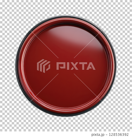 Top view of open can of red paint, showcasing its smooth and glossy surface, ready for use in artistic or home improvement projects 128536392