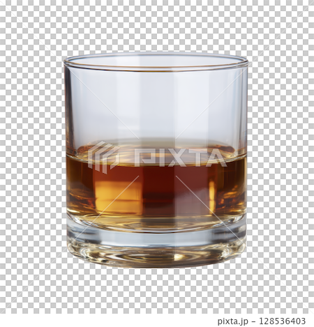 Glass of amber liquid, likely whiskey, sits on clear surface, showcasing its rich color and clarity. simple elegance of glass enhances drink appeal 128536403