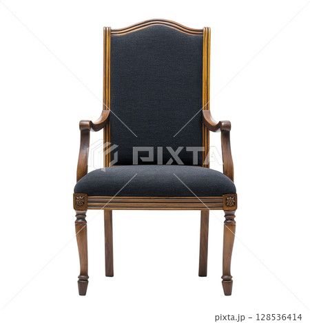 Classic wooden armchair with high backrest and dark upholstery, featuring elegant carved details, exudes timeless and sophisticated charm 128536414