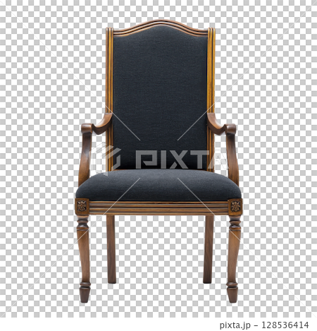 Classic wooden armchair with high backrest and dark upholstery, featuring elegant carved details, exudes timeless and sophisticated charm 128536414
