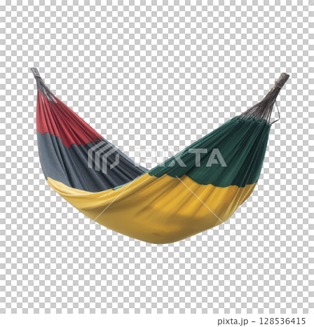 Colorful hammock with red, green, and yellow sections is suspended, showcasing vibrant and inviting design perfect for relaxation 128536415