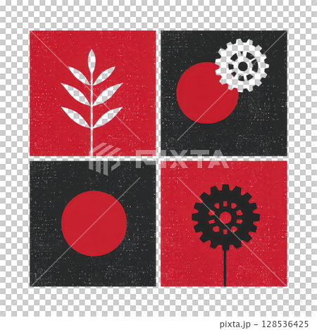 Geometric design features four quadrants with contrasting red and black elements, including leaf, gears, and circles, creating modern and abstract composition 128536425