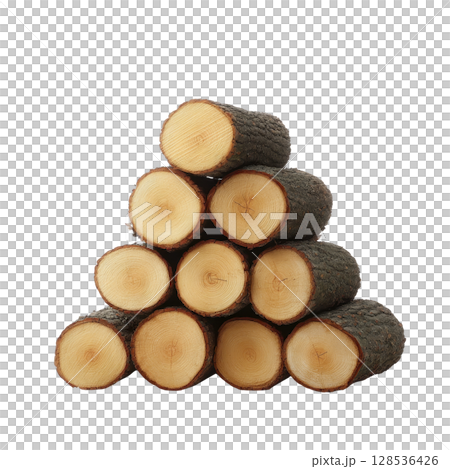 Stack of cut wooden logs arranged in pyramid shape, showcasing natural texture and rings of wood. logs are neatly aligned, highlighting their circular cross sections 128536426