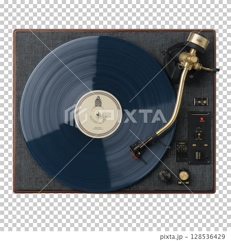 Vintage turntable with blue vinyl record and brass tonearm creates nostalgic atmosphere. textured surface and classic design evoke sense of retro charm 128536429