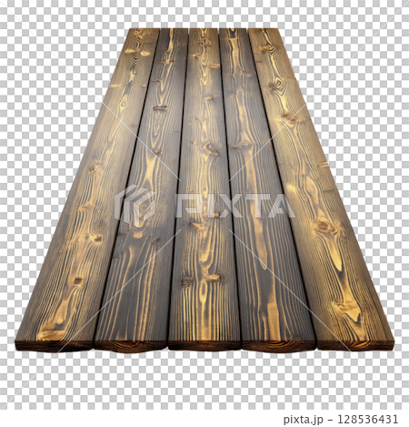 Wooden table with rustic, charred finish showcases unique, textured surface. planks display warm, natural wood grain pattern, creating inviting and cozy atmosphere 128536431