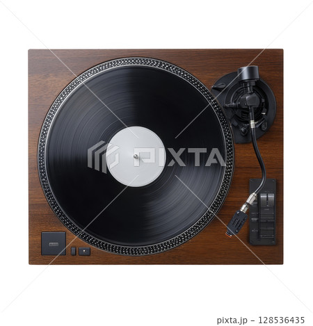 Vintage wooden turntable with black vinyl record and tonearm, evoking nostalgia and classic music vibes. design is simple yet elegant, perfect for music enthusiasts 128536435