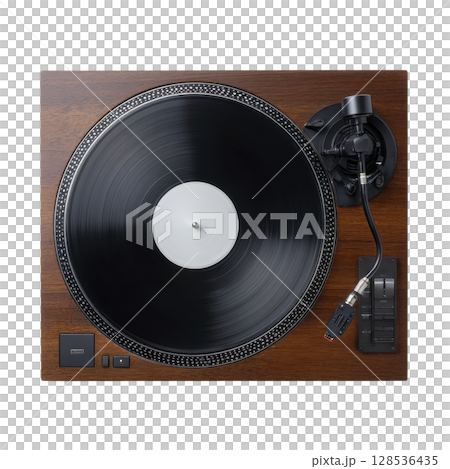 Vintage wooden turntable with black vinyl record and tonearm, evoking nostalgia and classic music vibes. design is simple yet elegant, perfect for music enthusiasts 128536435